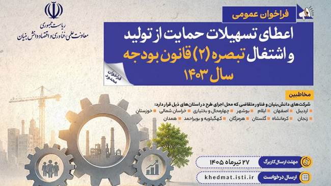 فراخوان عمومی اعطای تسهیلات حمایت از تولید و اشتغال تبصره (2) قانون بودجه سال 1403